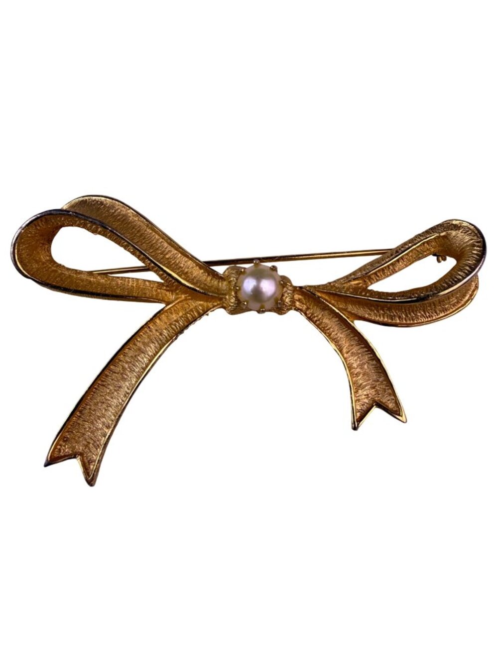 Marvella Ladies Gold Tone Faux Pearl Ribbon Bow Brooch Vintage Jewelry Pin